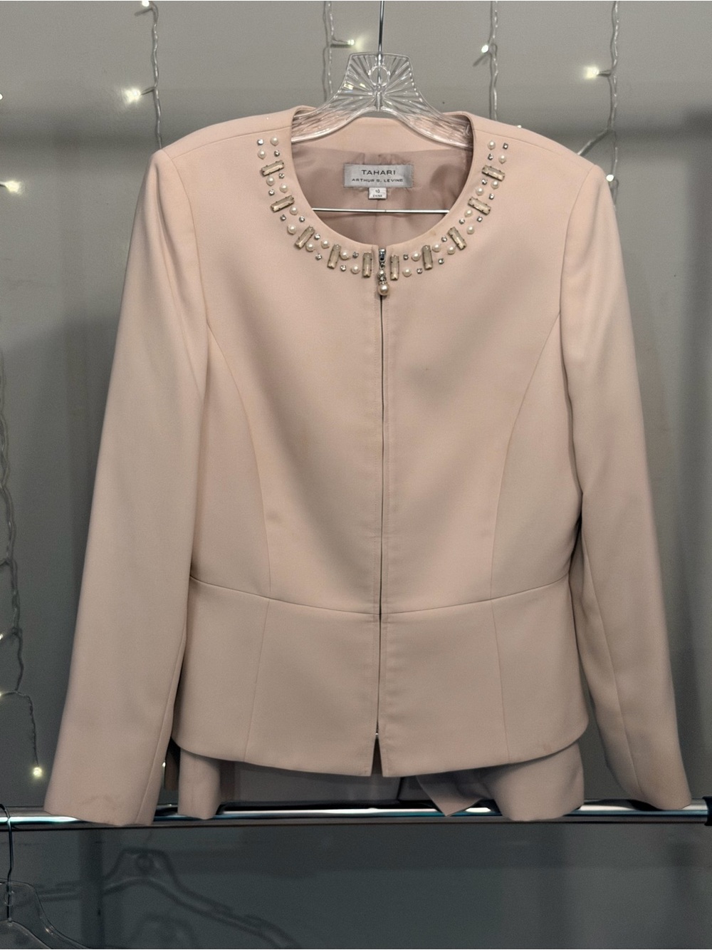 Tahari Blush Beaded-Neck Zip Jacket with Skirt
